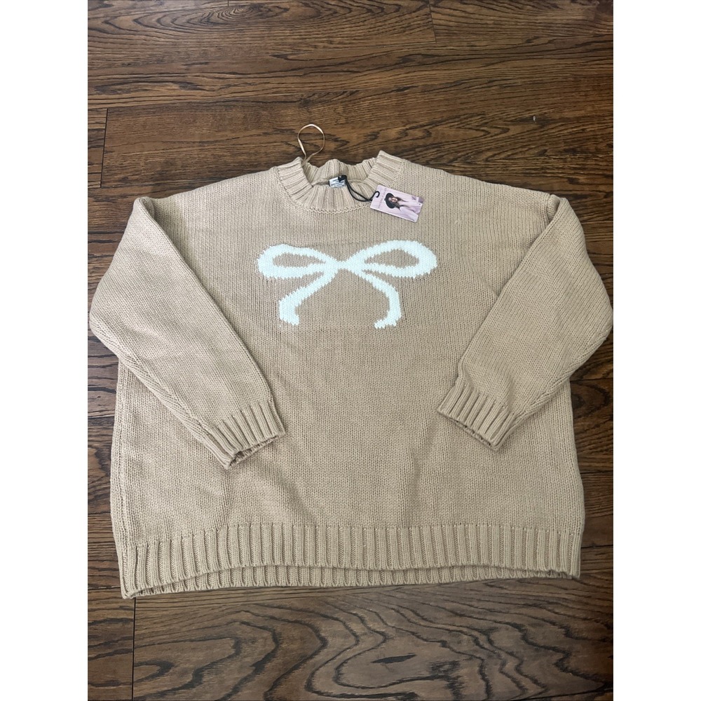 Sincerely Jules Women's Bow Sweater Size Large Beige Oversized Coquette NWT